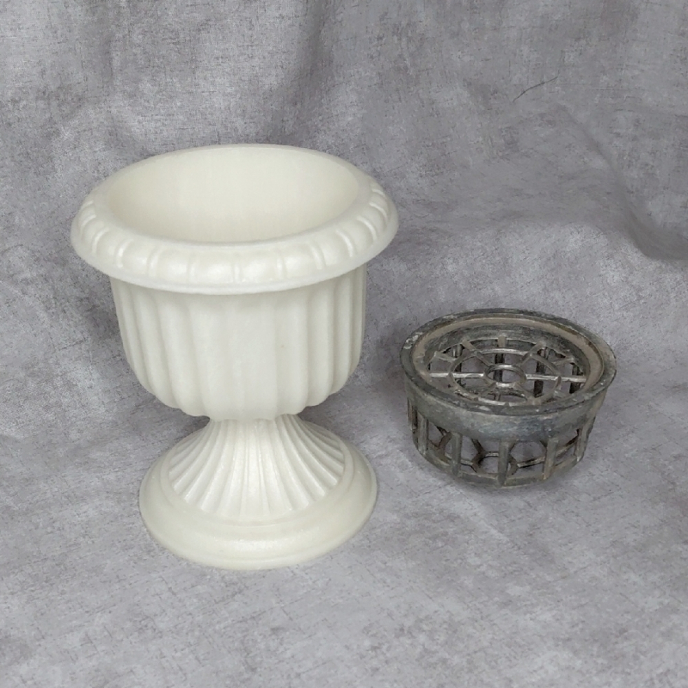 Vintage Off White Urn Planter With Flower Frog Insert